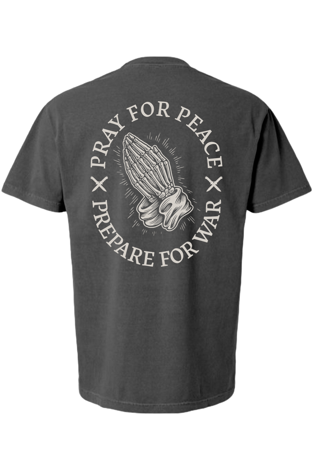 Back view of black Pray for Peace t-shirt with skeletal praying hands graphic and “Pray for Peace, Prepare for War” text.