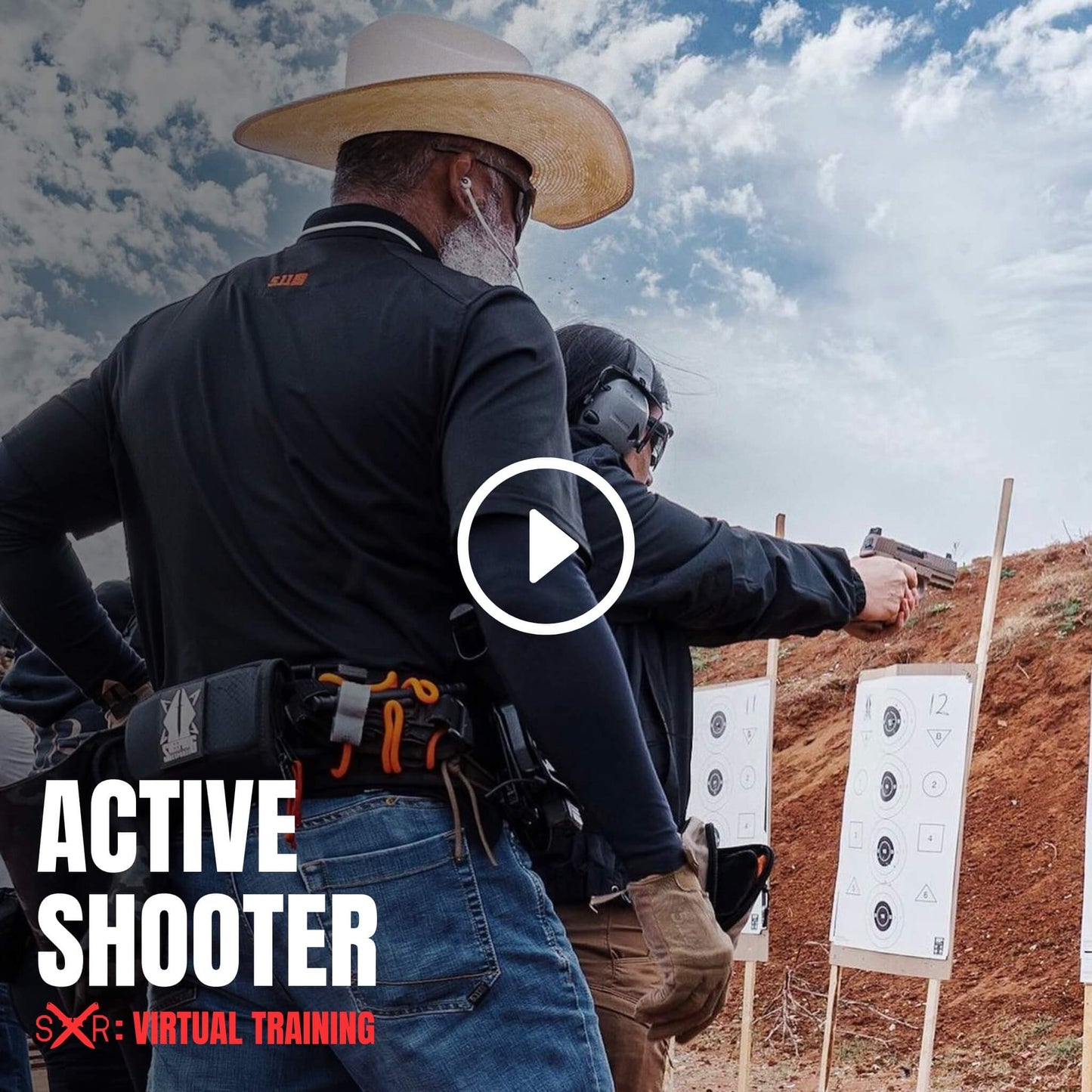Firearms instructor coaching student through precision pistol drills during active shooter virtual training scenario