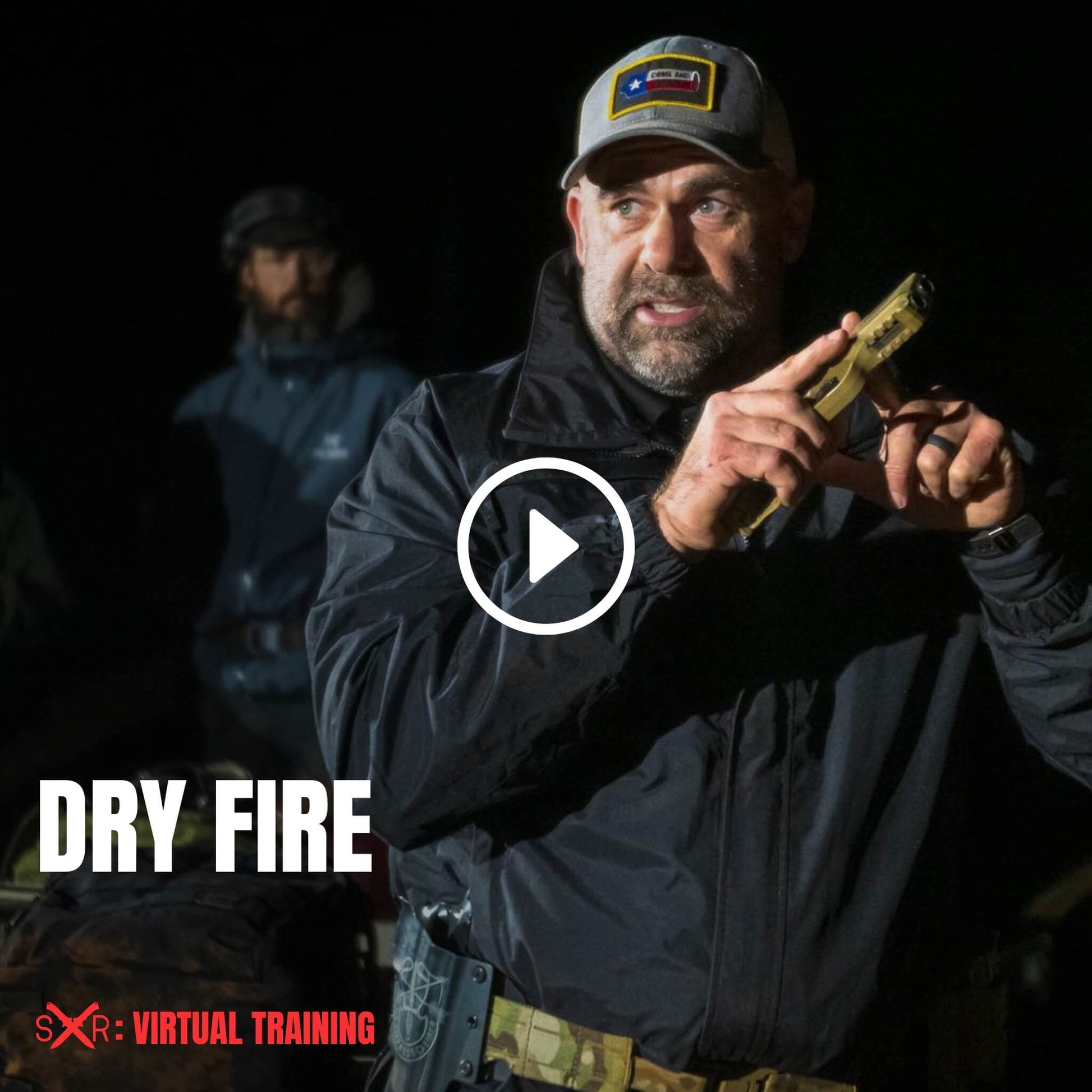 Instructor demonstrating dry fire pistol drill during Sheep Dog Response virtual training session