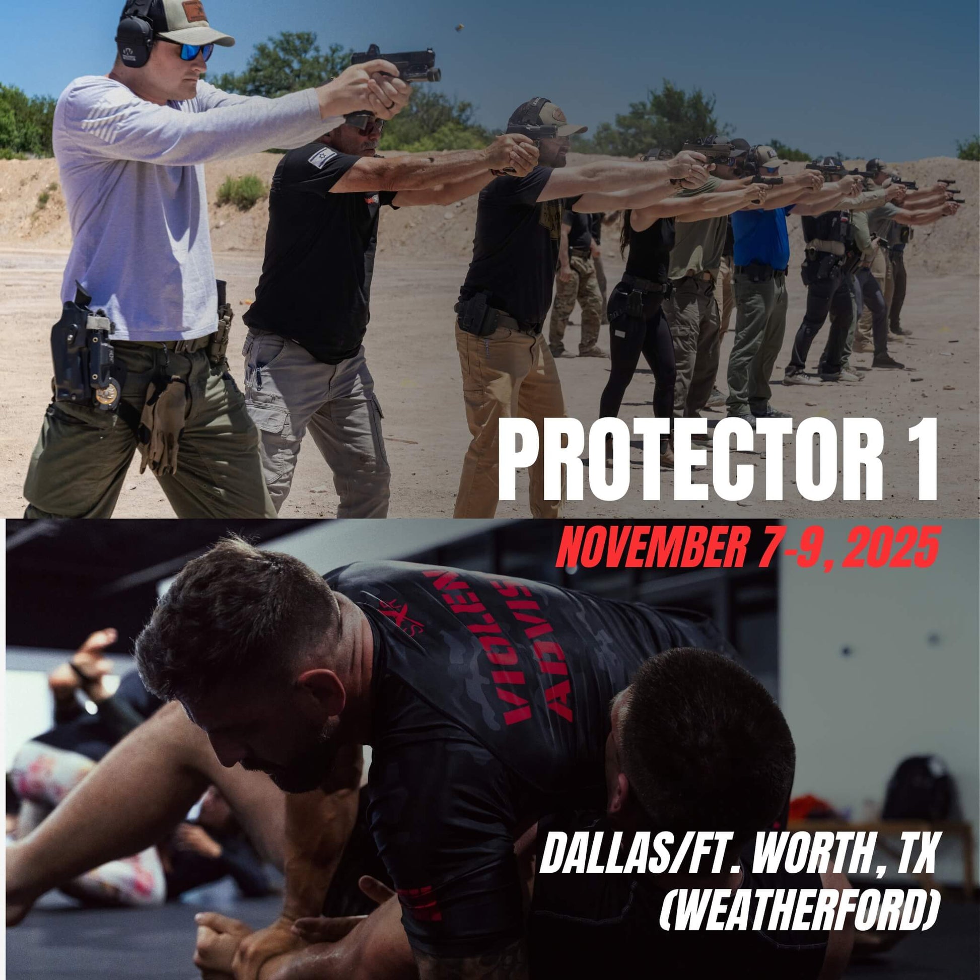 Students at Sheepdog Response’s Protector 1 training in Dallas/Ft. Worth, TX (Weatherford) on November 7–9, 2025, engaging in live-fire handgun drills and close-quarters combatives during an intensive self-defense course.