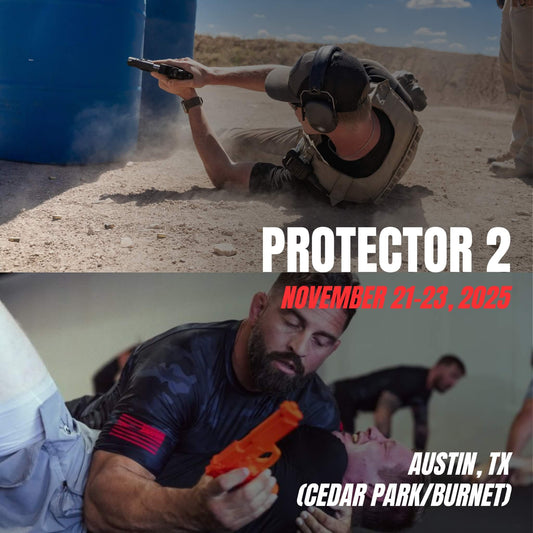 Two-part image showing advanced firearms and combatives training during the Protector 2 course in Austin, TX (Cedar Park/Burnet) on November 21–23, 2025.
