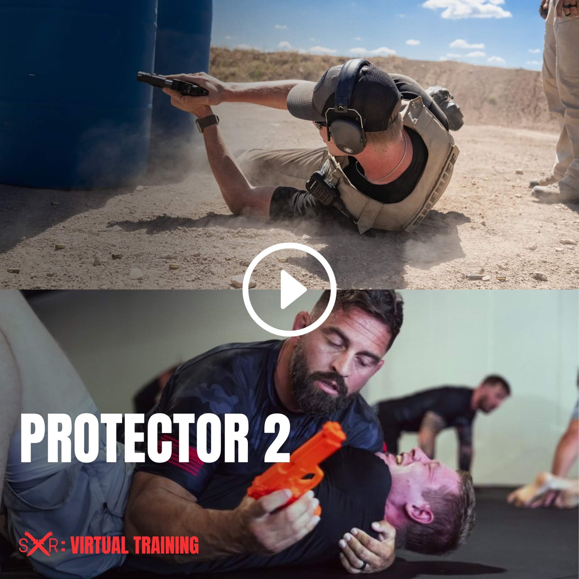 Tactical student running live-fire drills behind cover paired with combatives training using a training pistol in a dynamic virtual course