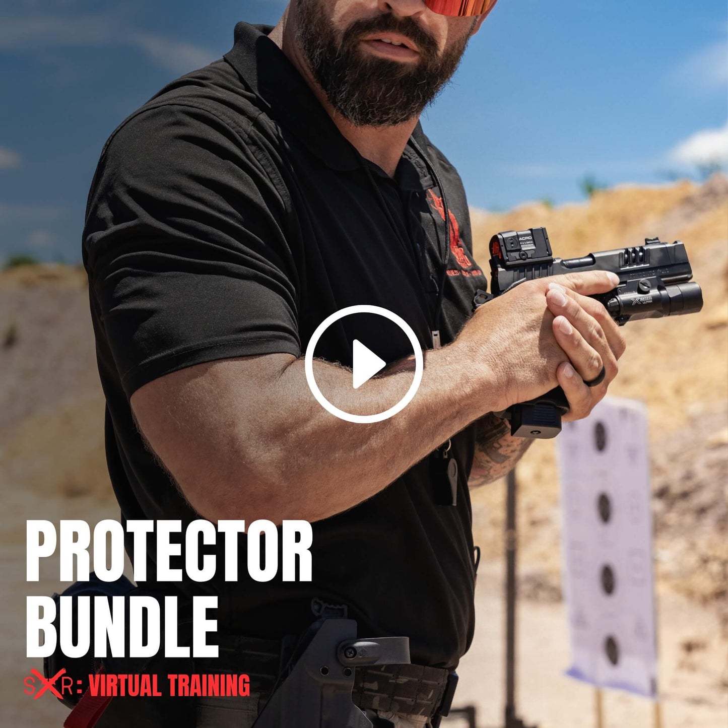 Tactical instructor demonstrating pistol manipulation on range during Sheepdog Response Protector series virtual training bundle