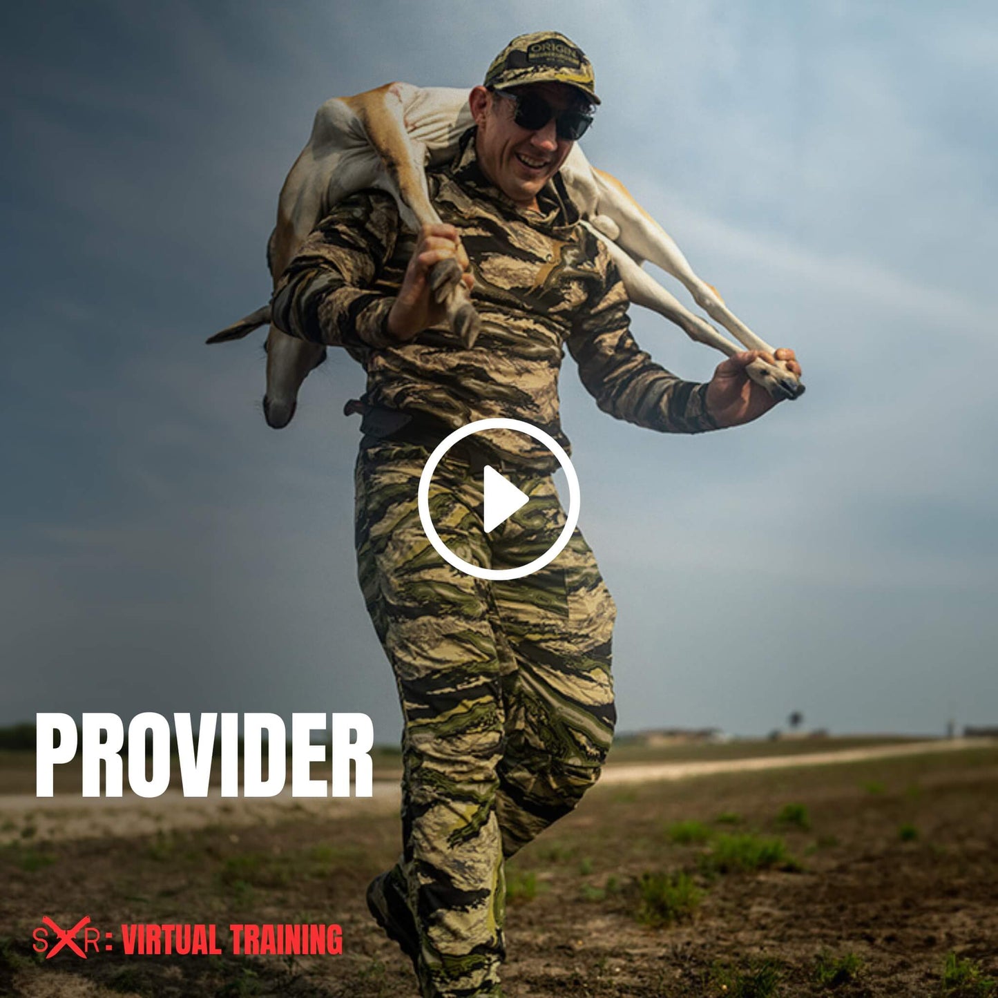 Hunter carrying harvested game in the field during Provider virtual course on self-reliance and field skills