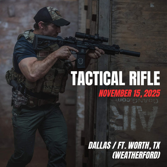Tactical Rifle training in Weatherford, TX with student practicing close-quarters movement and rifle handling on November 15, 2025