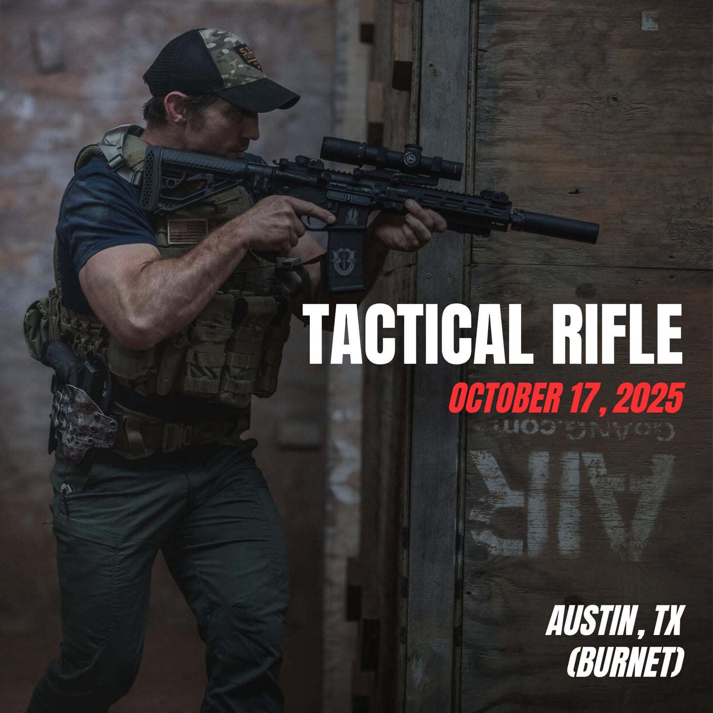 Man engaging in tactical rifle training with full kit and AR platform in an urban simulation at Sheepdog Response, Austin, TX (Burnet) on October 17, 2025.