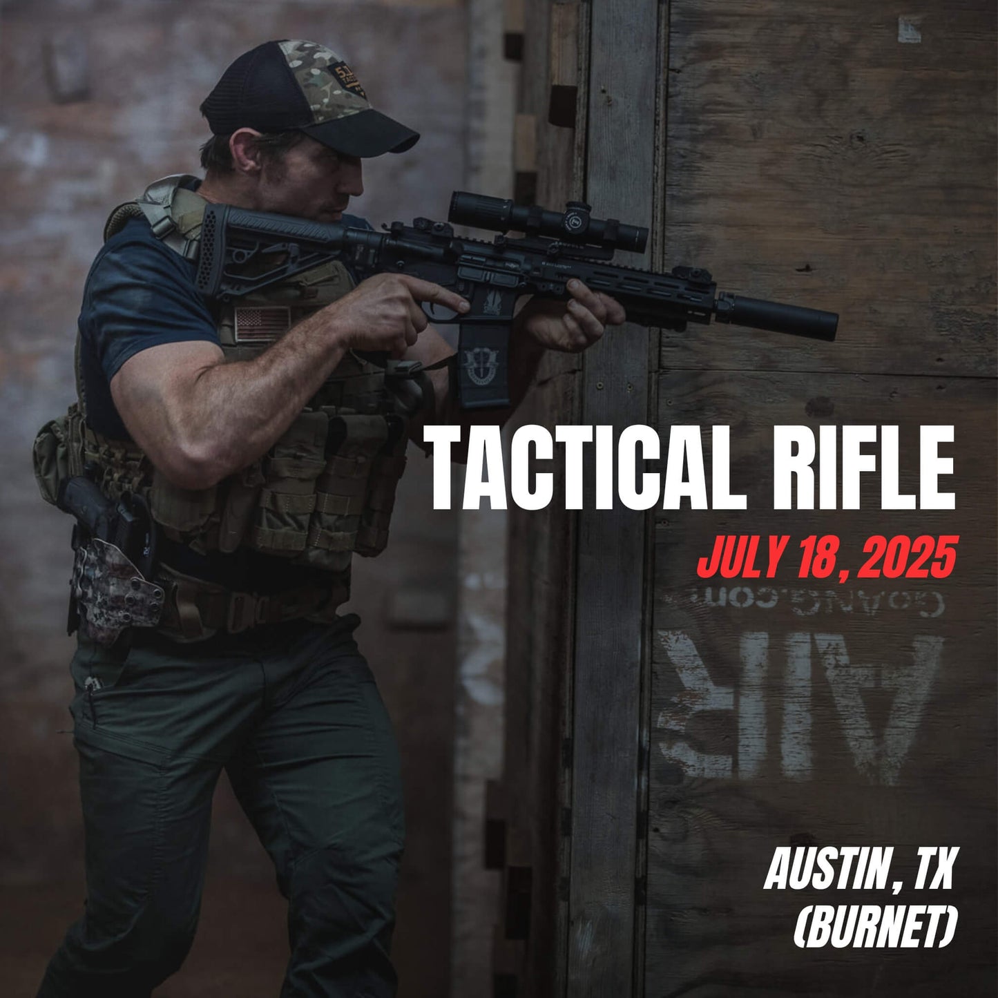 Operator moving through cover with rifle during tactical rifle live fire training in Burnet, Texas
