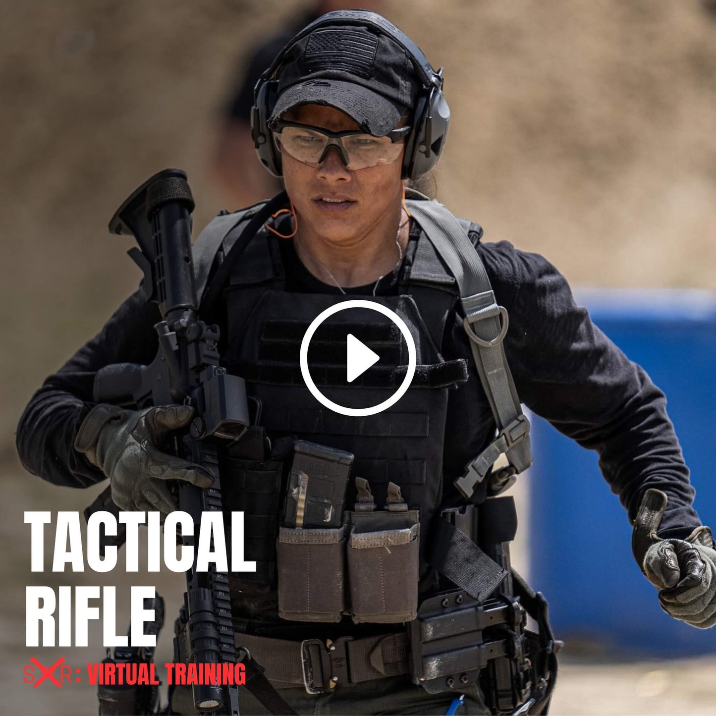 Female operator in full kit running tactical rifle drills during Sheep Dog Response virtual firearms training