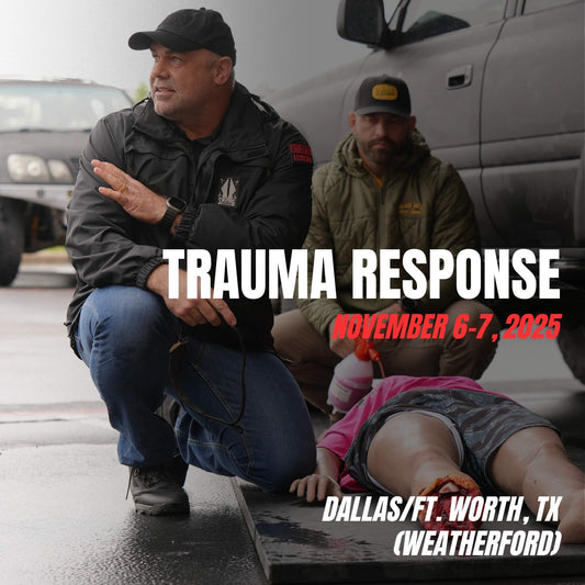 Instructor demonstrating field trauma care during hands-on medical response training in Weatherford, TX