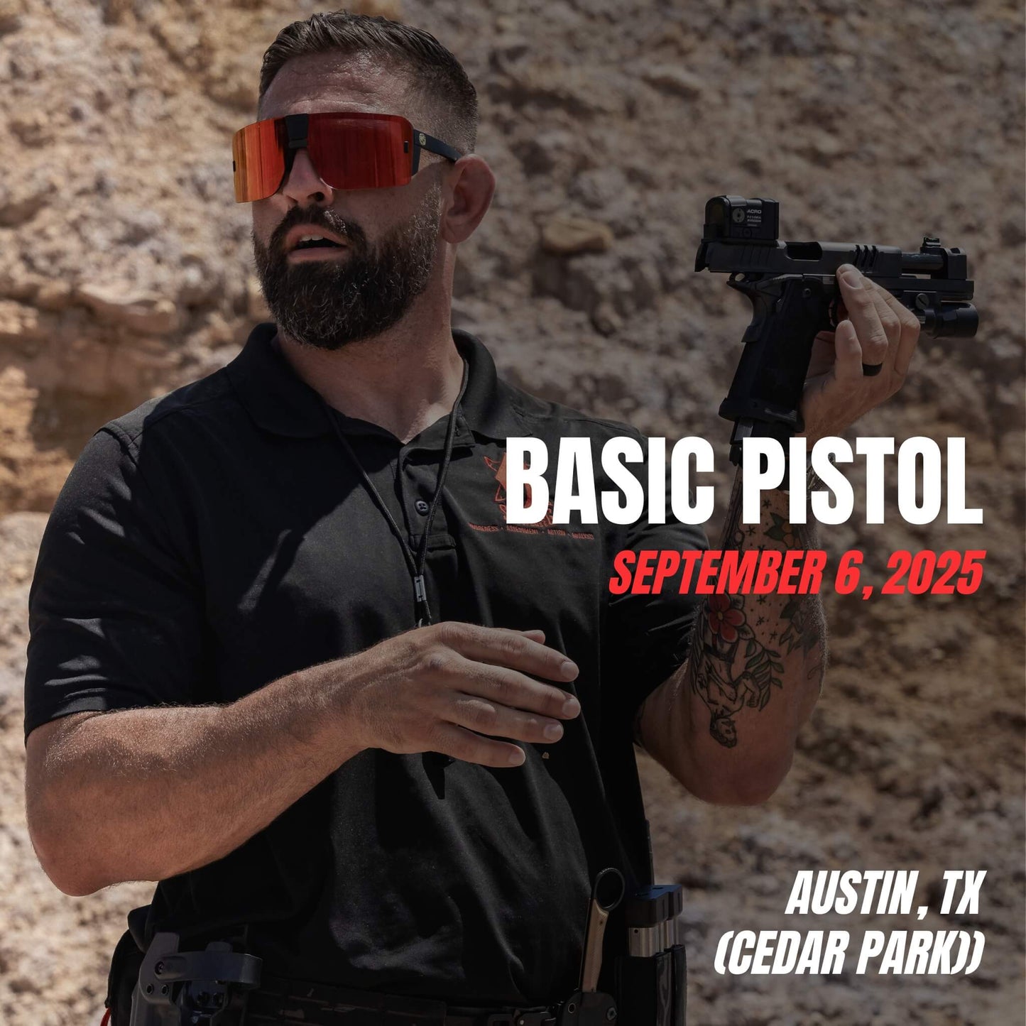 Firearms instructor teaching foundational handgun skills during Basic Pistol course in Cedar Park, TX on September 6, 2025