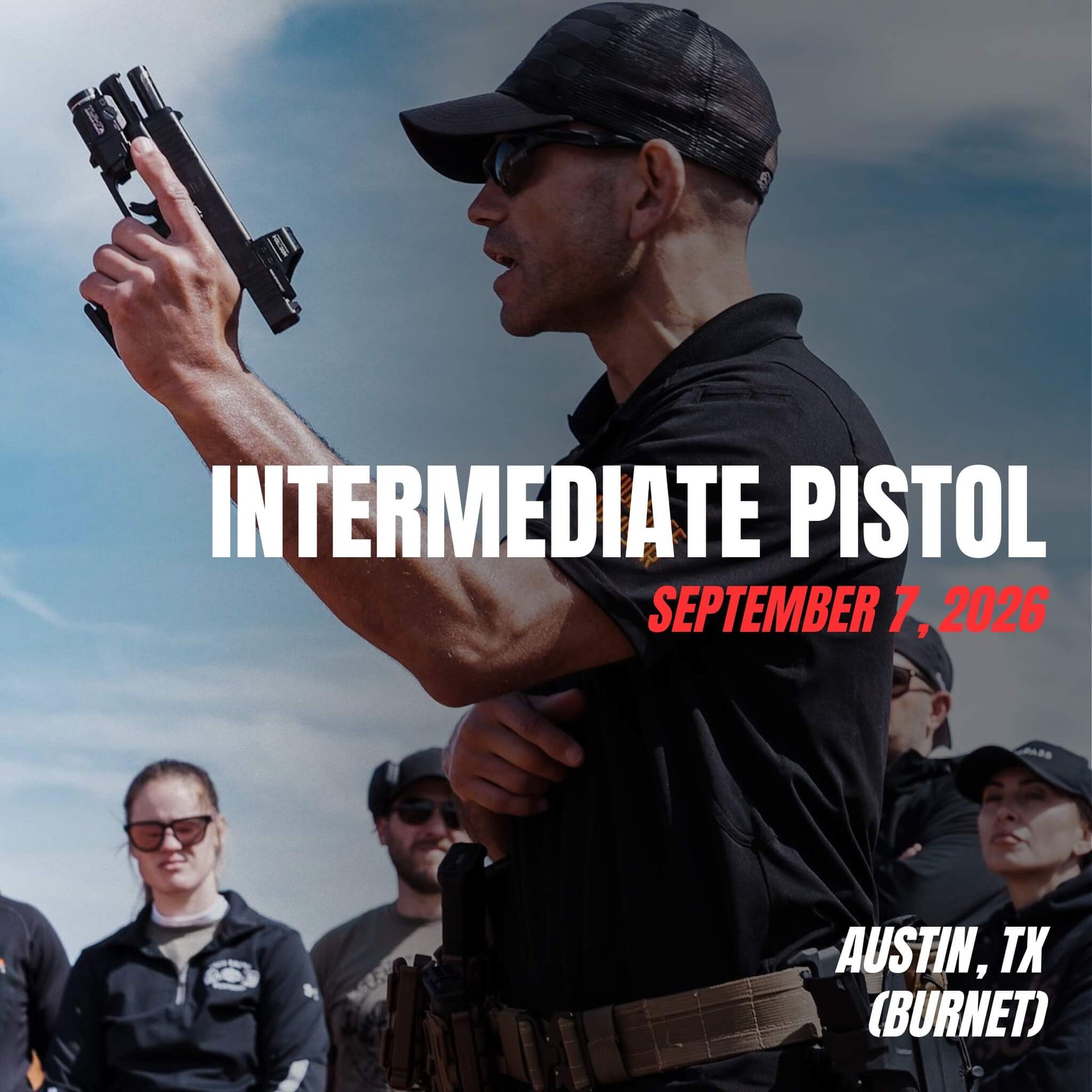 Intermediate Pistol class with instructor demonstrating firearm handling in Burnet, TX on September 7, 2026