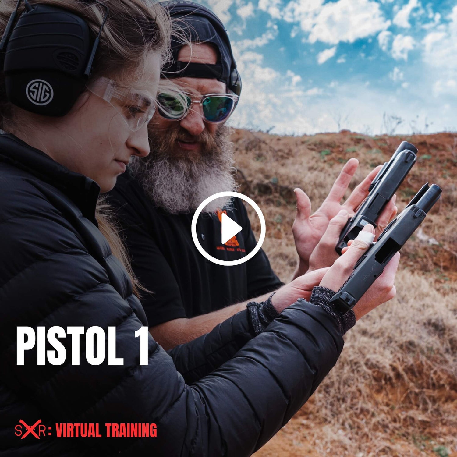 Instructor coaching a female student on basic pistol handling techniques at the range in virtual training course