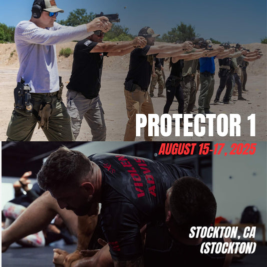Hands-on firearms and combatives training at Sheepdog Response Protector 1 course in Stockton, CA from August 15–17, 2025.
