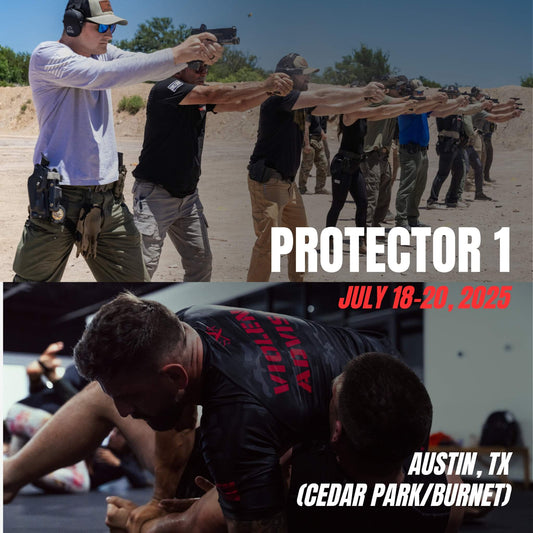 Participants training in firearms and hand-to-hand combat during multi-day Protector 1 course in Austin, TX