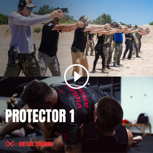Tactical students firing in formation on the range, followed by hands-on combatives training indoors during Protector 1 virtual course