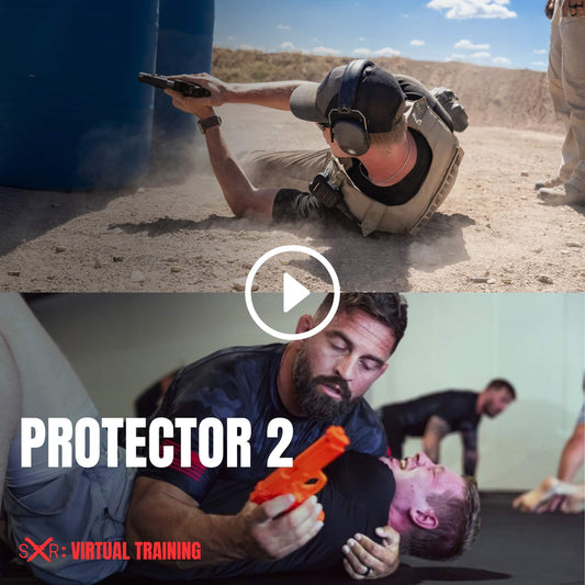 Tactical student running live-fire drills behind cover paired with combatives training using a training pistol in a dynamic virtual course