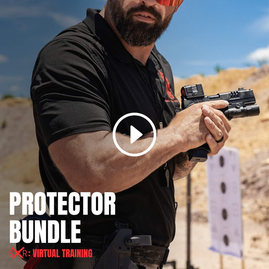 Tactical instructor demonstrating pistol manipulation on range during Sheepdog Response Protector series virtual training bundle