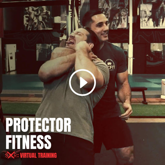 Instructor demonstrating chokehold defense and combatives inside a gym for Sheep Dog Response Protector Fitness virtual course