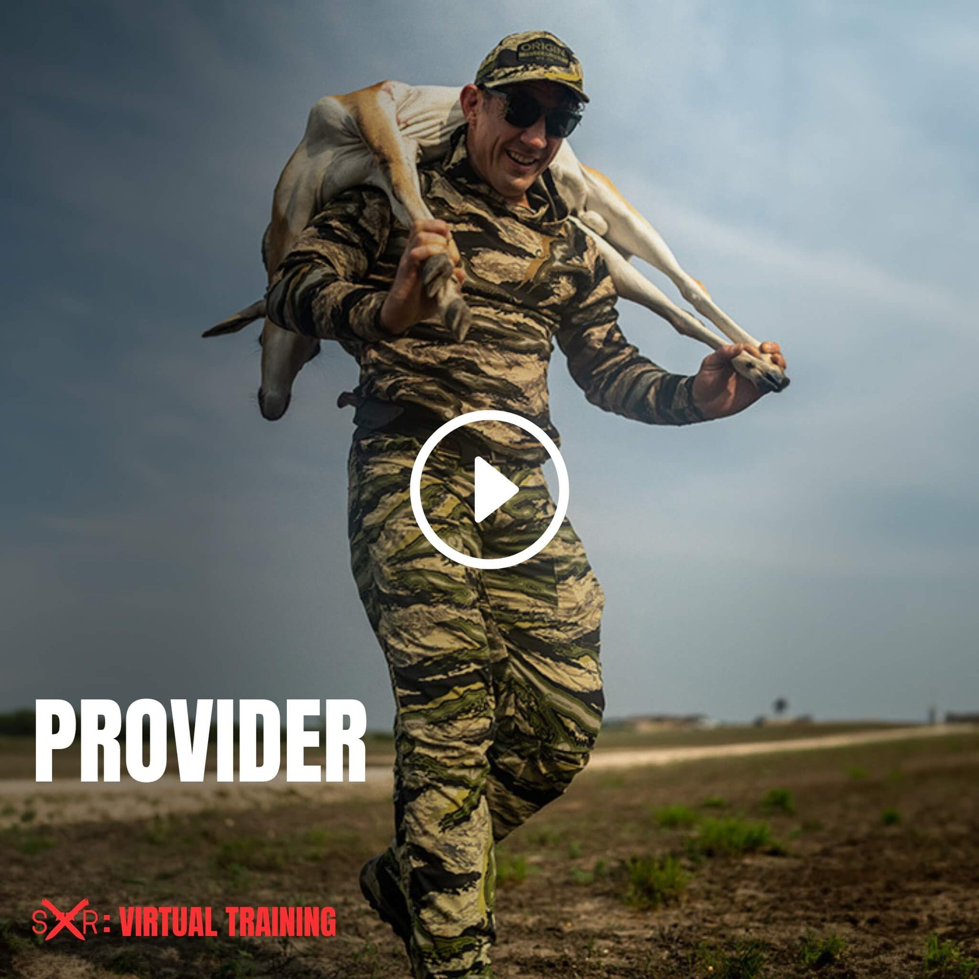 Hunter carrying harvested game in the field during Provider virtual course on self-reliance and field skills