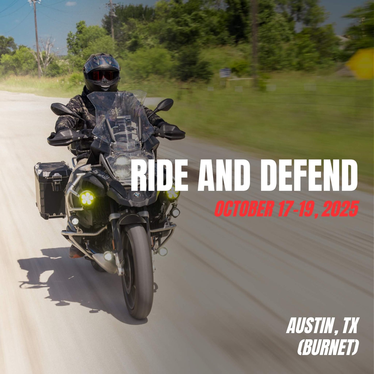 Motorcyclist in full gear riding during Ride and Defend tactical mobility and shooting course in Austin, TX