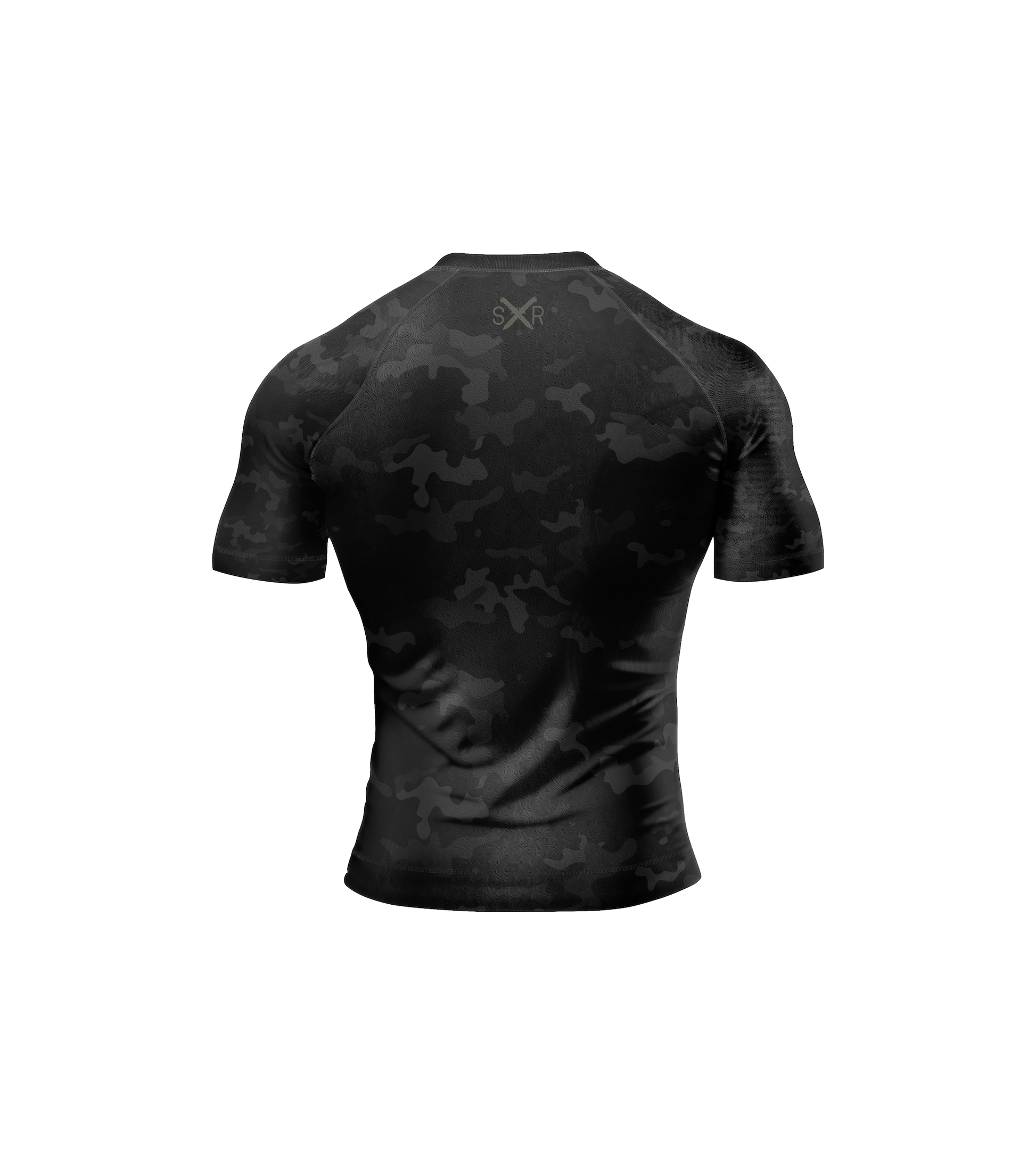 SDR Black Camo short sleeve rash guard with Blade logo, FUJI anti-microbial fightwear, IBJJF approved, sublimated graphics back view