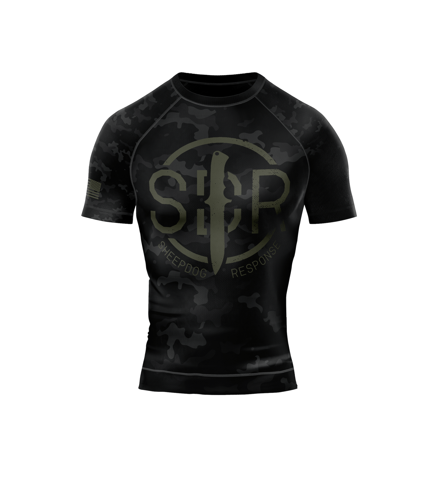 SDR Black Camo short sleeve rash guard with Blade logo, FUJI anti-microbial fightwear, IBJJF approved, sublimated graphics