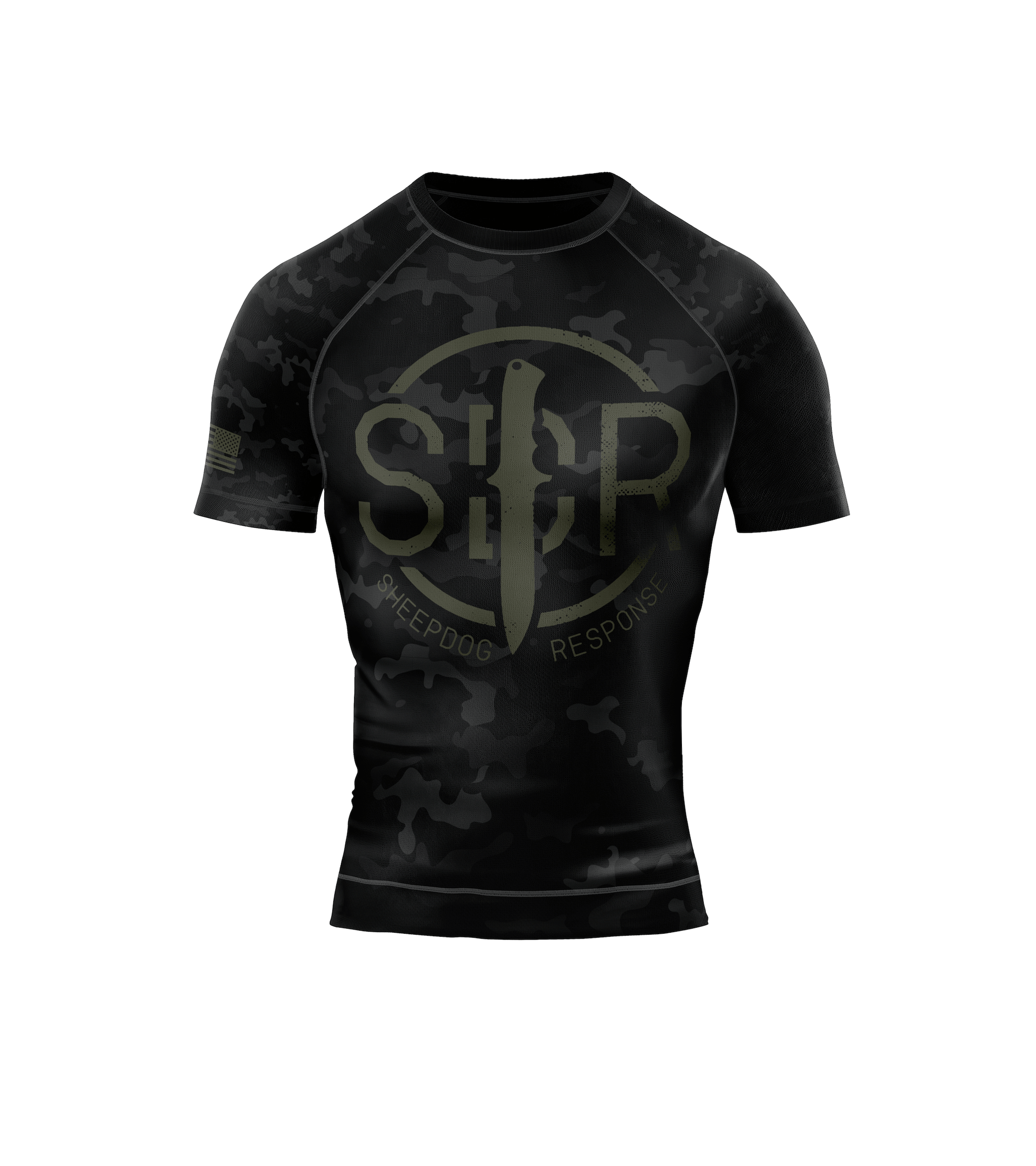 SDR Black Camo short sleeve rash guard with Blade logo, FUJI anti-microbial fightwear, IBJJF approved, sublimated graphics