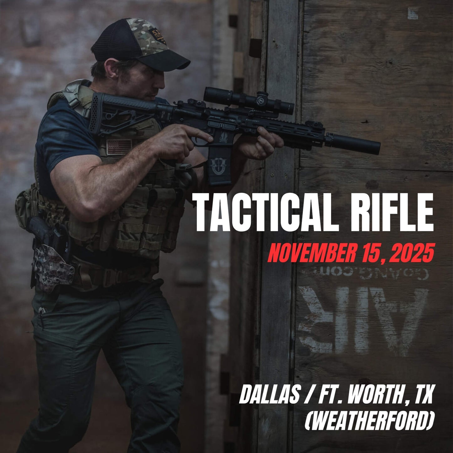 Tactical Rifle training in Weatherford, TX with student practicing close-quarters movement and rifle handling on November 15, 2025
