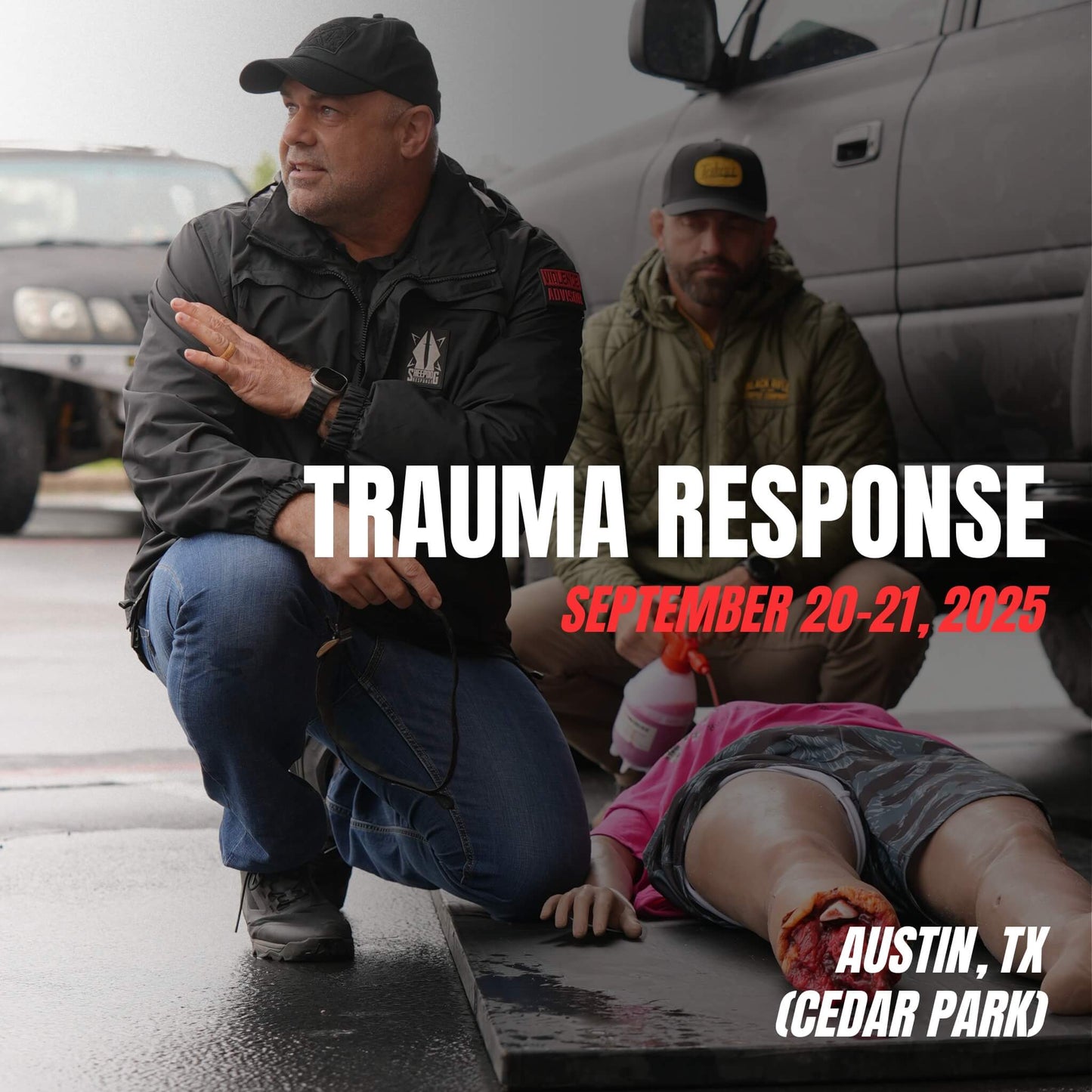 Instructor demonstrating trauma response techniques using a realistic casualty scenario at Sheepdog Response’s course in Austin, TX (Cedar Park) on September 20–21, 2025.