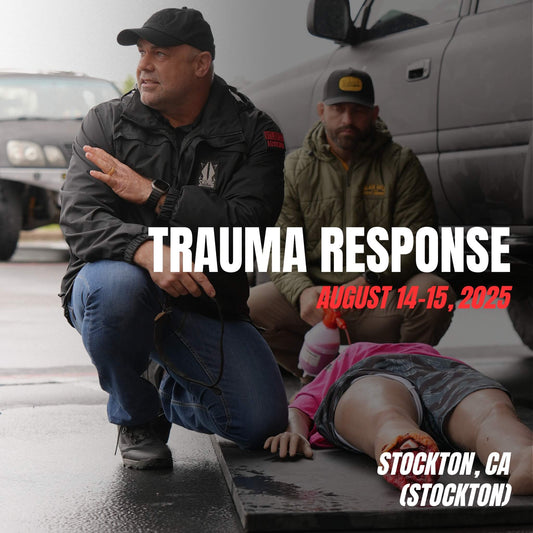 Emergency trauma care training with life-saving interventions during Sheepdog Response’s Trauma Response course in Stockton, CA on August 14–15, 2025.