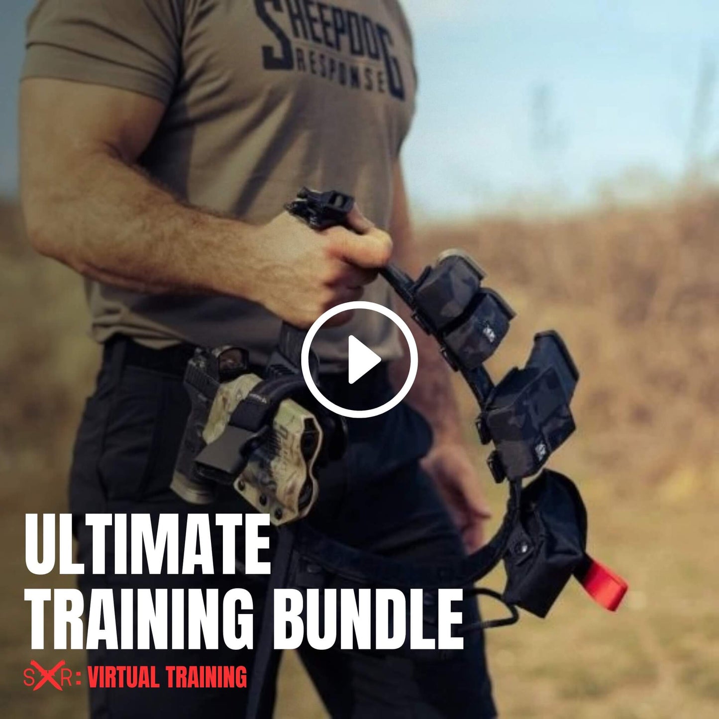 Tactical belt loaded with pistol, mags, and gear held by a Sheepdog Response instructor in the Ultimate Virtual Training Bundle promo image