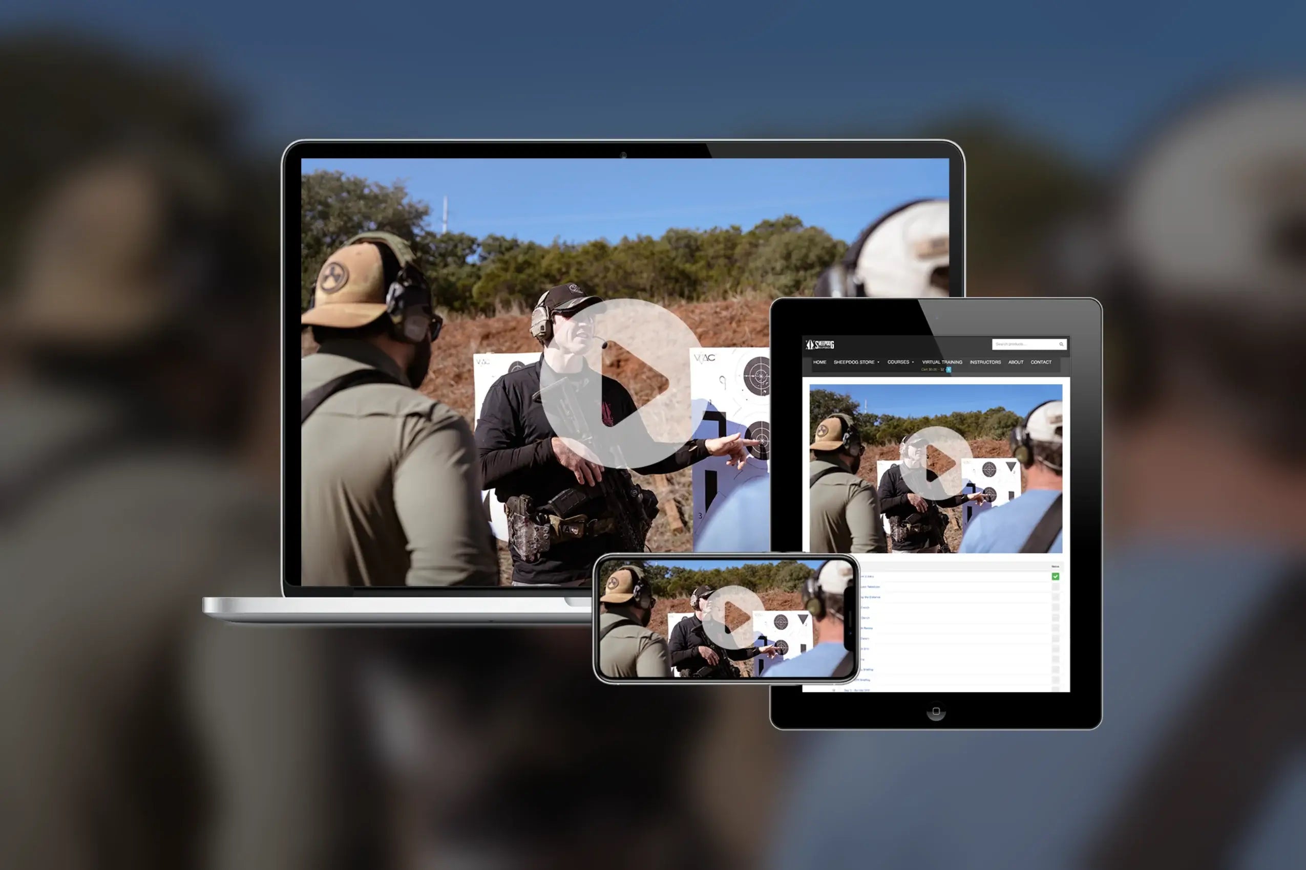 Virtual firearms training course displayed across laptop, tablet, and smartphone showing cross-platform compatibility and accessibility