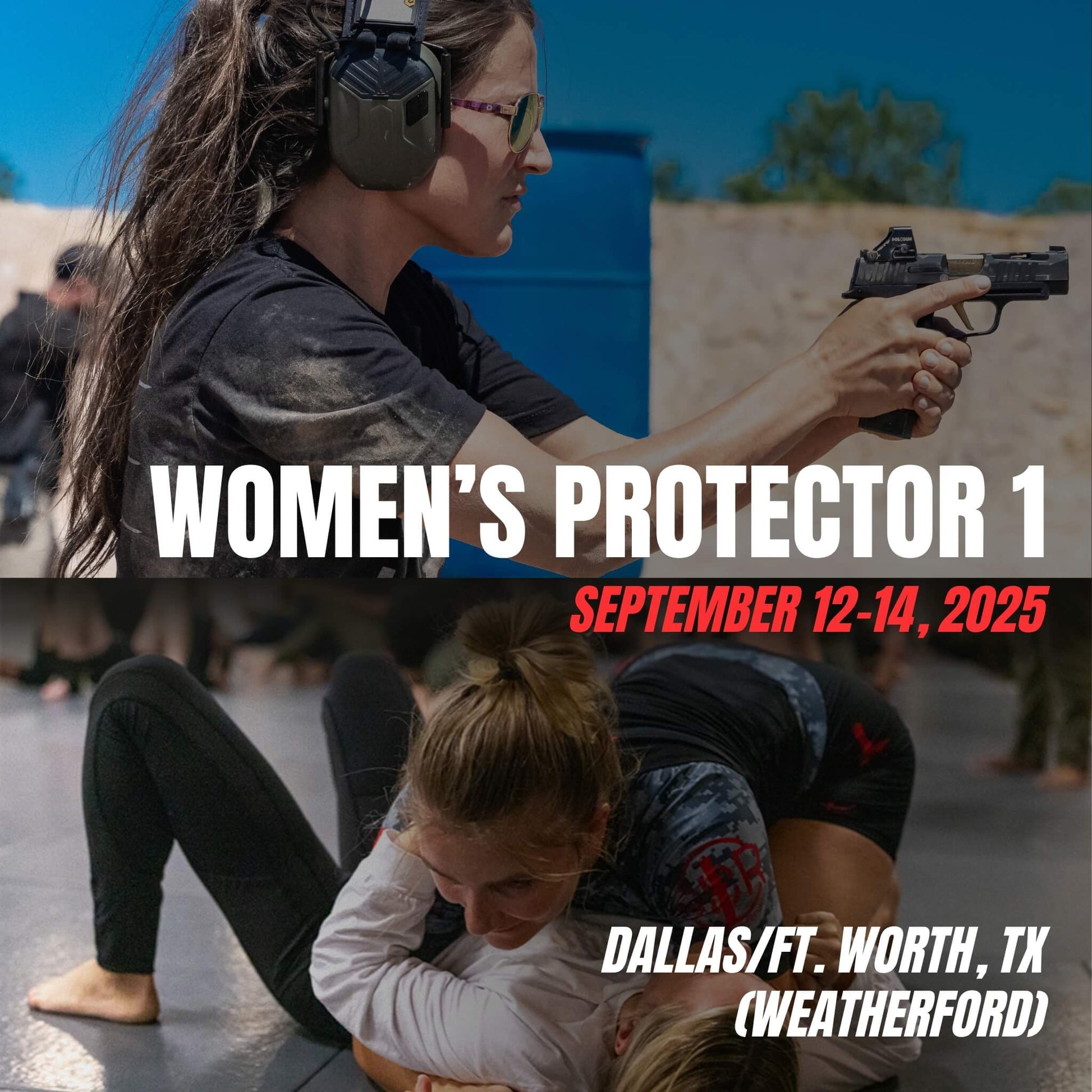 Women training in live-fire pistol and hand-to-hand combat scenarios during Sheepdog Response’s Women’s Protector 1 course in Weatherford, TX on September 12–14, 2025.